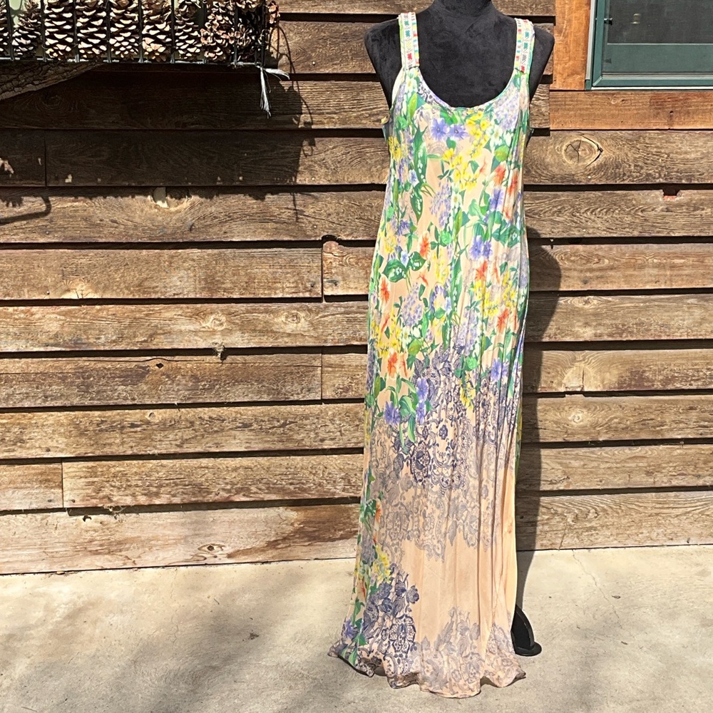 Johnny Was Floral Scoop-Neck Maxi Dress in Yellow, Green & Purple